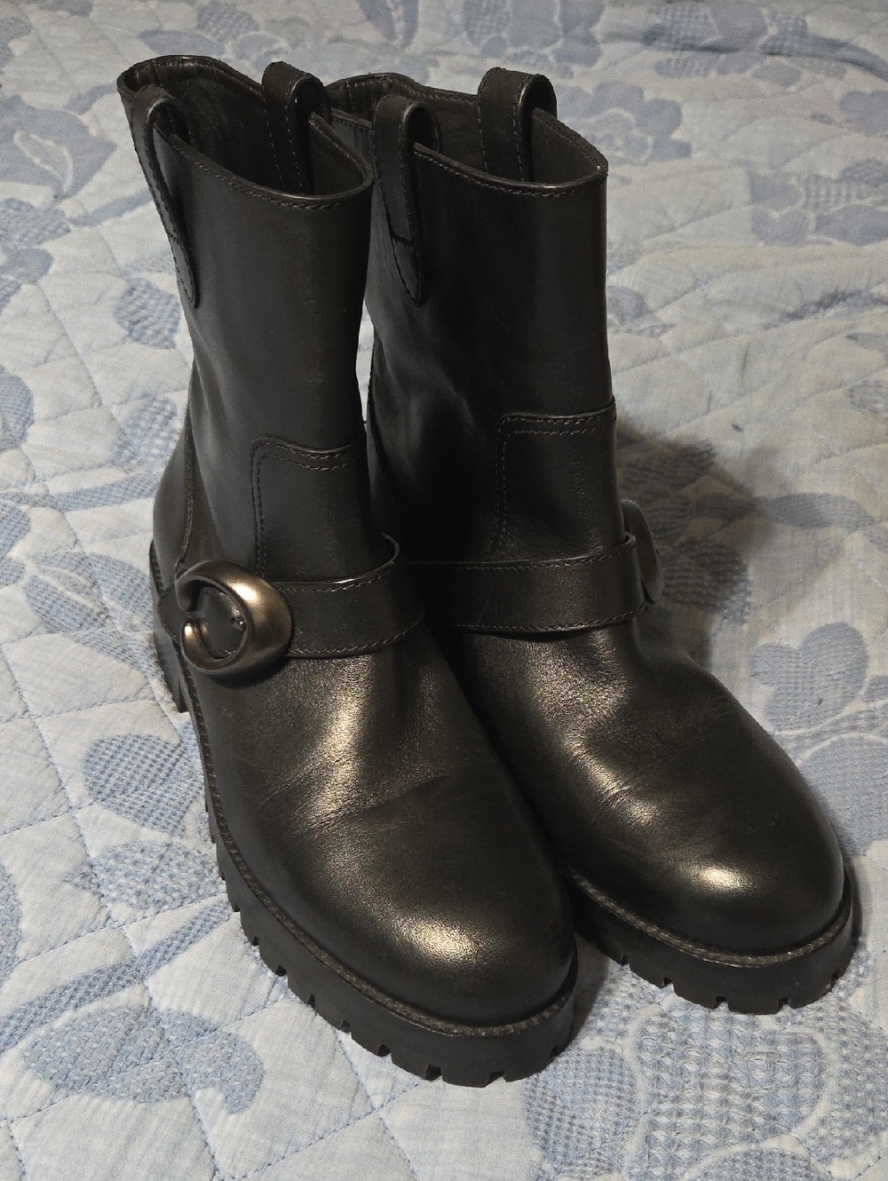 Coach Black Leather Ankle Boots with Buckle